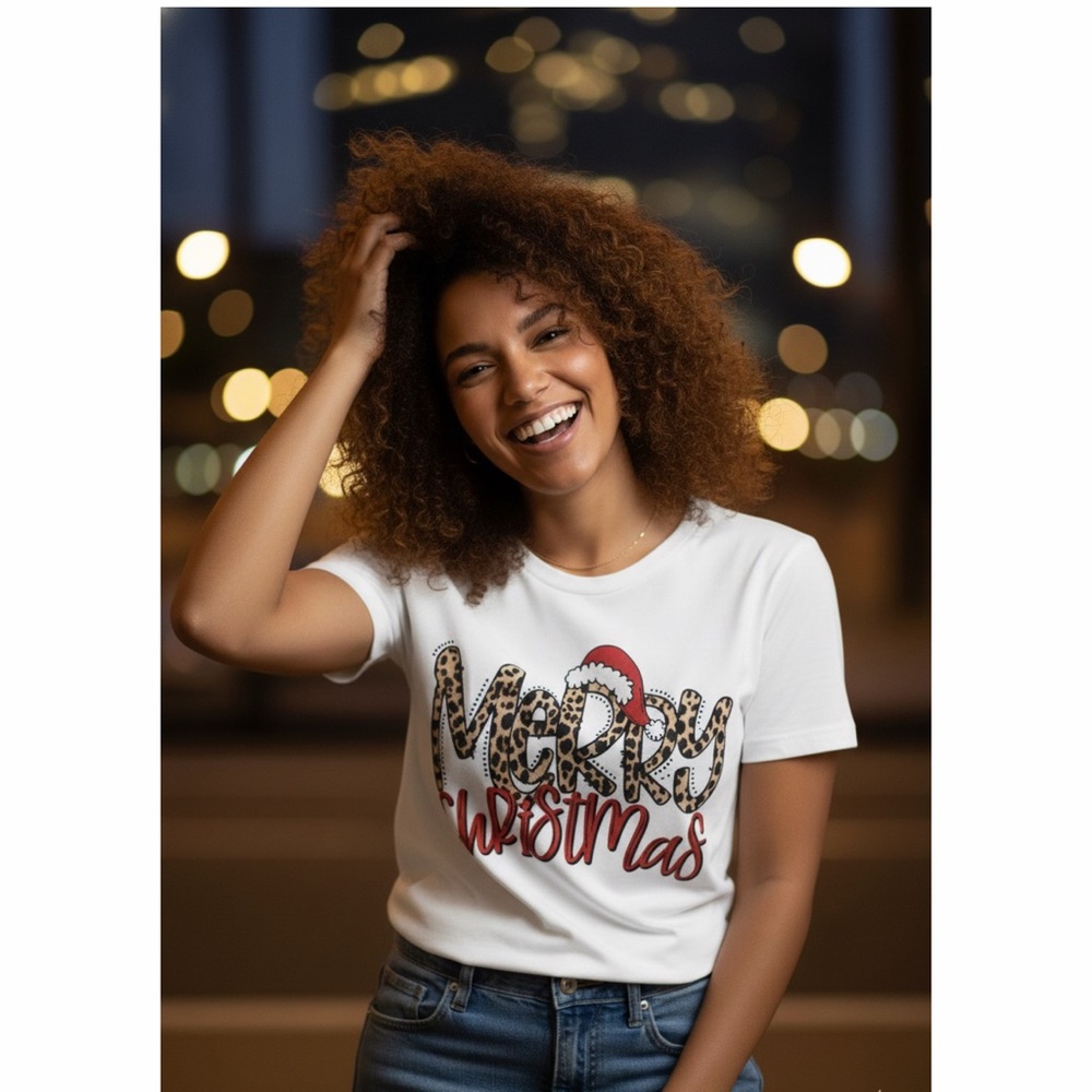 Merry Christmas Leopard Graphic Tee Unisex Holiday Shirt White
